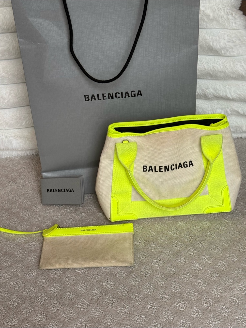 Balenciaga Canvas Tote with Neon Yellow Trim and Matching Pouch